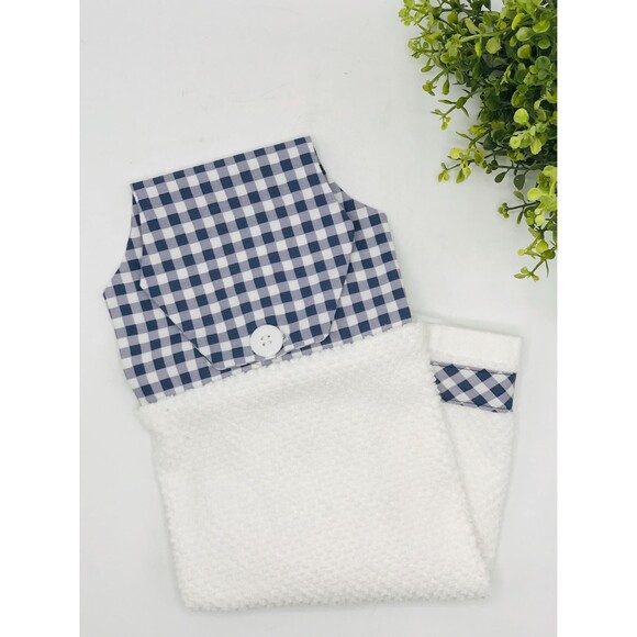 Hanging Kitchen Tea Towel, Button Closure, Cotton Dish Towel, Blue Gingham - Picture 5 of 7